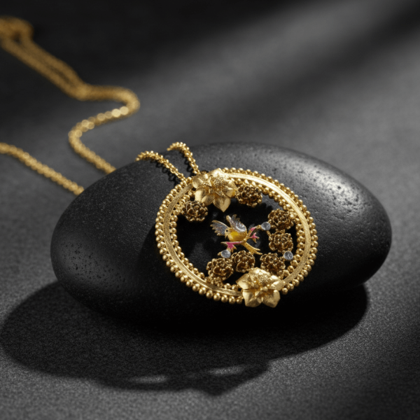 Handcrafted Round Enamel Necklace with Bird and Floral Motif – Artisan Nature Jewelry