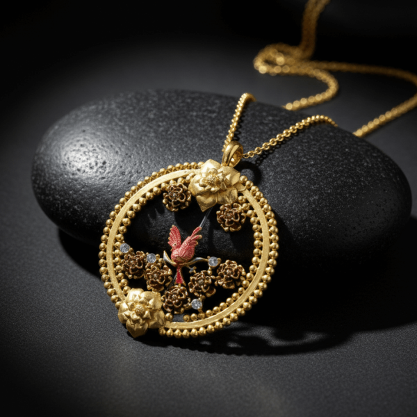 Handcrafted Round Enamel Necklace with Bird and Floral Motif – Artisan Nature Jewelry