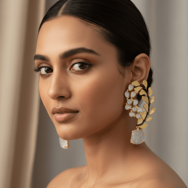 Designer Gold Vine Earrings with Polki & Raw Quartz Stone Drops