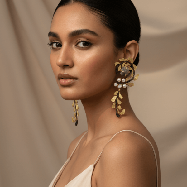 "Gold floral spiral earrings with polki stone and raw stone handcrafted designer jewelry"