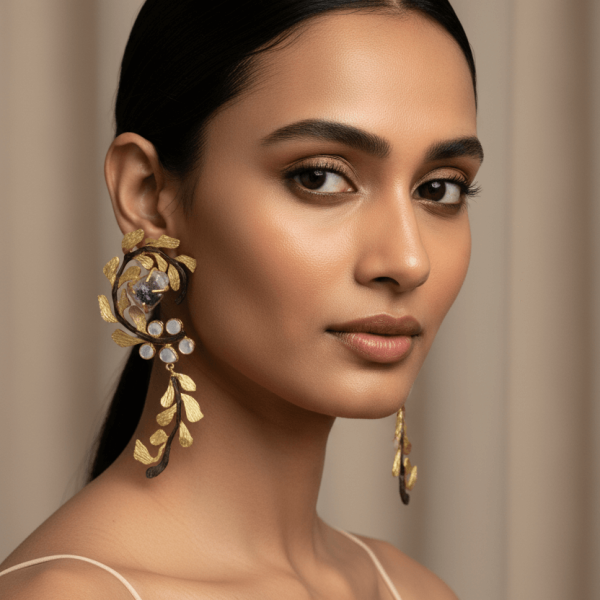 "Gold spiral floral earrings with polki and druzy stone handcrafted designer jewelry"