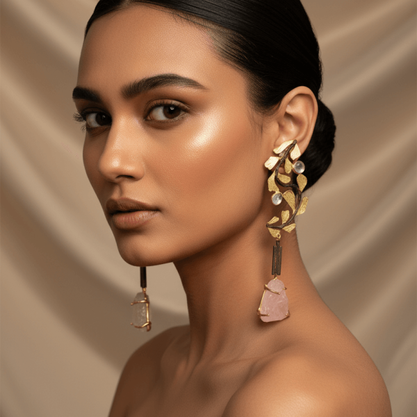 "Gold vine statement earrings with rose quartz stone drops and crystal accents handcrafted designer jewelry India"