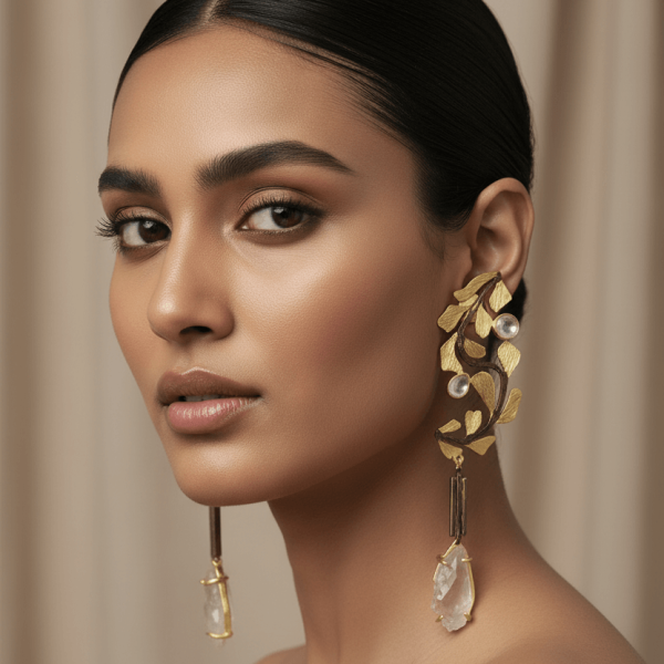 "Gold vine statement earrings with clear quartz stone drops and crystal accents handcrafted designer jewelry India"