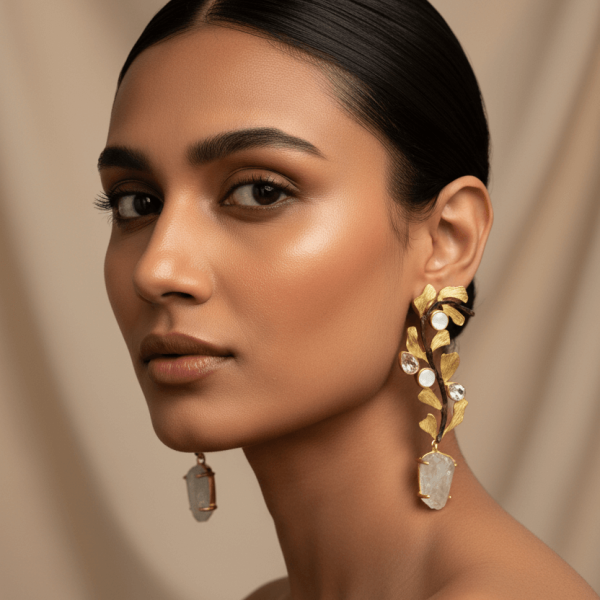 "Gold floral vine earrings with polki uncut diamonds and raw quartz drop handcrafted designer jewelry"