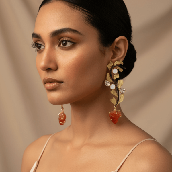 "Gold floral vine earrings with polki uncut diamonds and carnelian stone drops handcrafted designer jewelry"