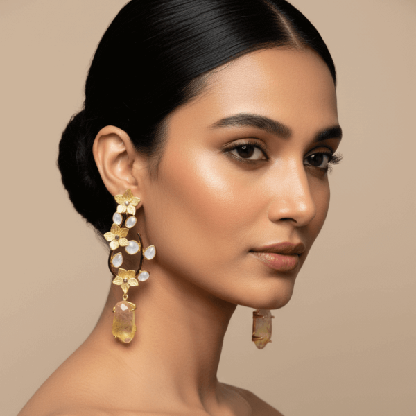 "Gold floral vine earrings with polki uncut diamonds and citrine quartz drop handcrafted designer jewelry"