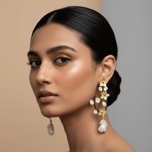 "Gold floral vine earrings with polki stones and raw quartz drop handcrafted designer jewelry"