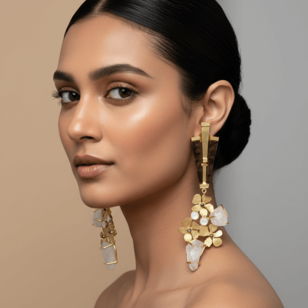 "Gold floral earrings with polki and raw quartz stone drops handcrafted designer jewelry"