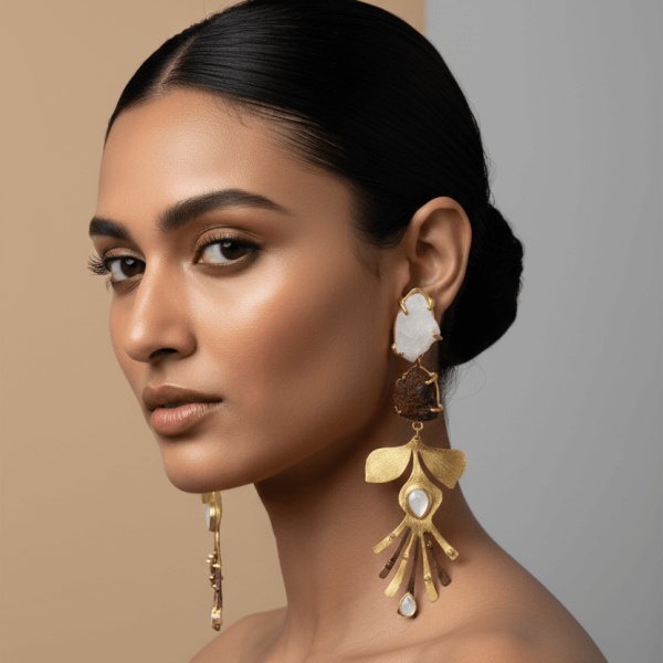 Designer Gold Layered Drop Earrings with Polki, Quartz & Raw Brown Stone