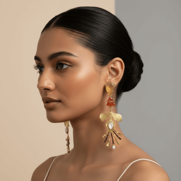 Designer Gold Abstract Drop Earrings with Polki & Amber Stone Accents