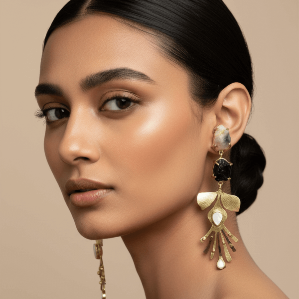Designer Gold Layered Drop Earrings with Polki, Quartz & Black Stone