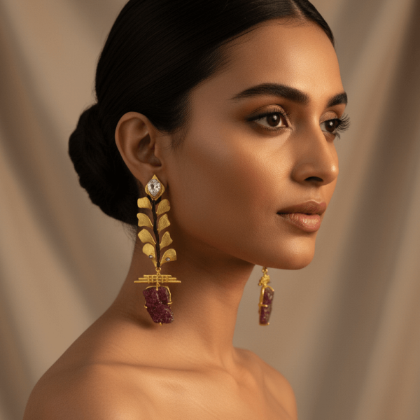 "Gold leaf statement earrings with raw ruby stone drops handcrafted designer jewelry India"