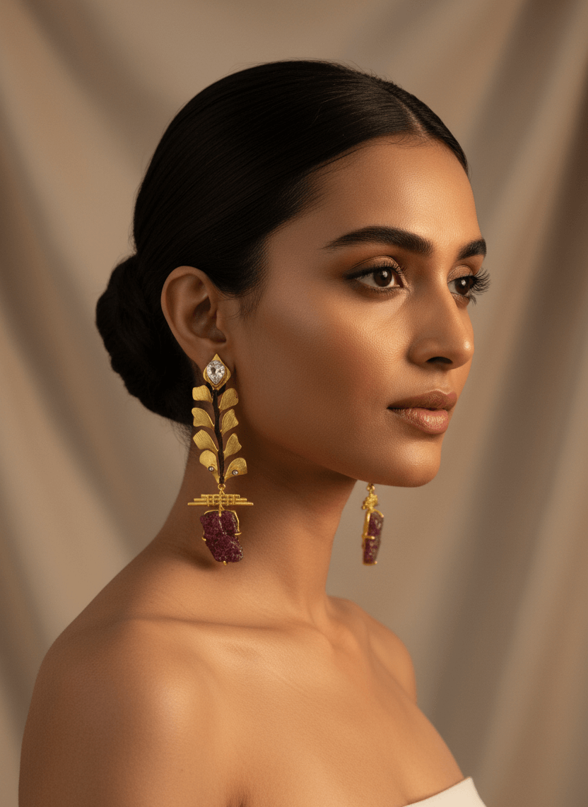 Designer Gold Leaf Earrings with Raw Ruby Stone Drops 1 "Gold leaf statement earrings with raw ruby stone drops handcrafted designer jewelry India"