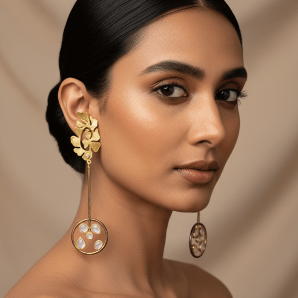 Designer Gold Floral Disc Earrings with Polki Accents