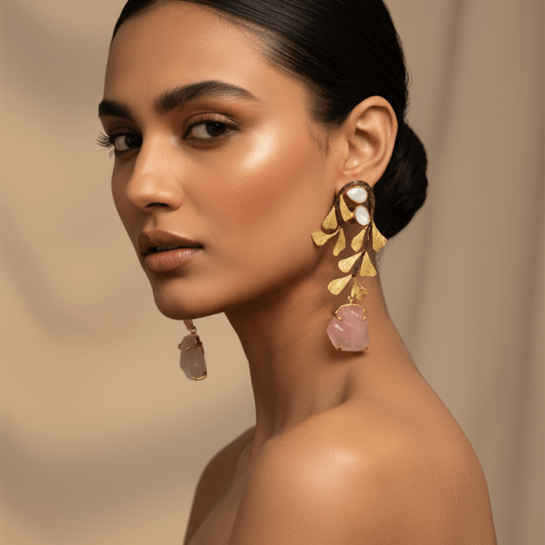 Designer Gold Leaf Earrings with Polki & Raw Rose Quartz Stone Drops