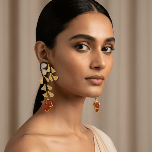 Designer Gold Leaf Earrings with Polki & Raw Amber Stone Drops