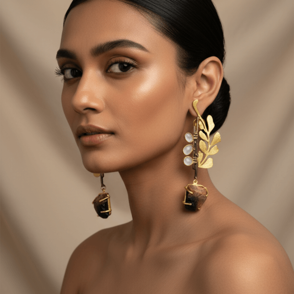 "Gold leaf earrings with polki uncut diamonds and raw brown stone drops designer handcrafted jewelry"