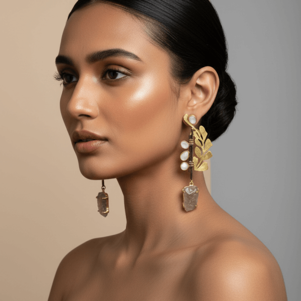 "Gold leaf earrings with polki and raw stone drops designer handcrafted jewelry"