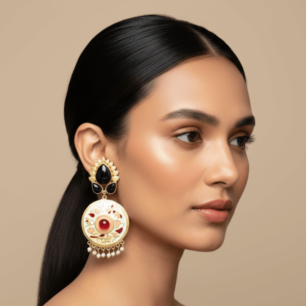 "Black and red enamel statement earrings with pearl drops circular design bold ethnic jewelry"