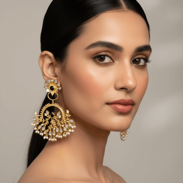 "Black stone kundan enamel chandbali earrings with pearl drops in gold finish"