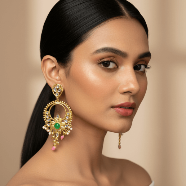 "Green stone floral kundan hoop earrings with enamel detailing and pearl drops in gold finish"