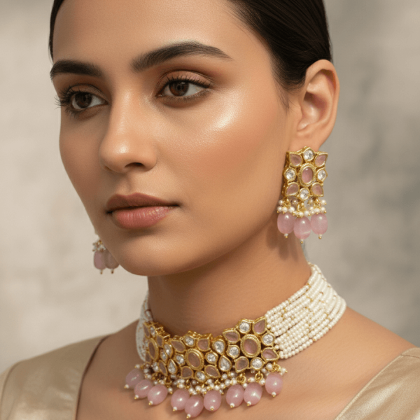 "Uncut polki blush pink choker necklace set with pearl strands and matching earrings"
