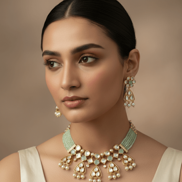 "Uncut polki mint green necklace set with geometric motifs and pearl drops with matching earrings"