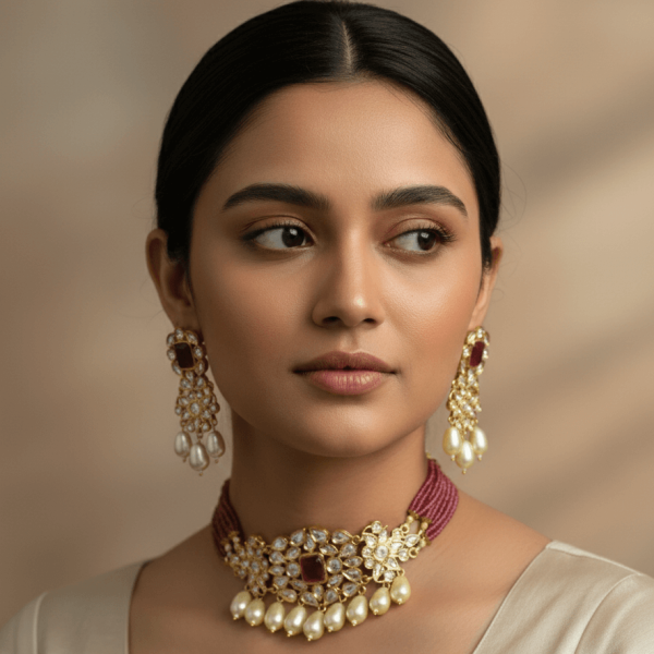 "Uncut polki ruby choker set with pearl drops and matching statement earrings"