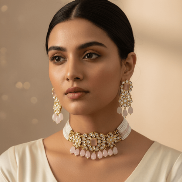 "Uncut polki blush pink choker set with pearl strands and matching drop earrings"