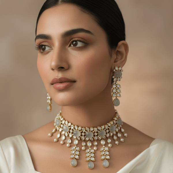 "Uncut polki neutral tone choker set with pearl drops and matching statement earrings"