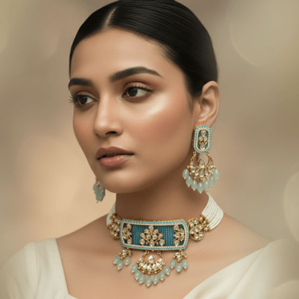 "Uncut polki turquoise choker set with blue bead drops and matching earrings"