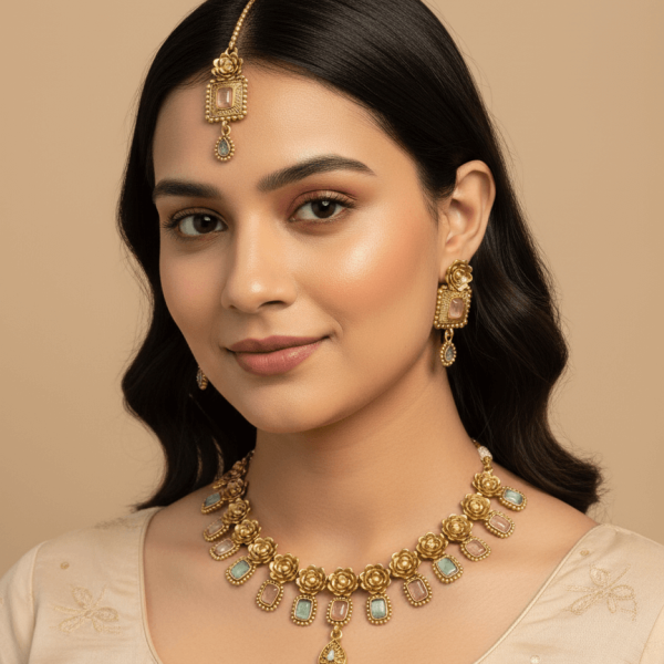 Belsis Golden Polki Necklace Set