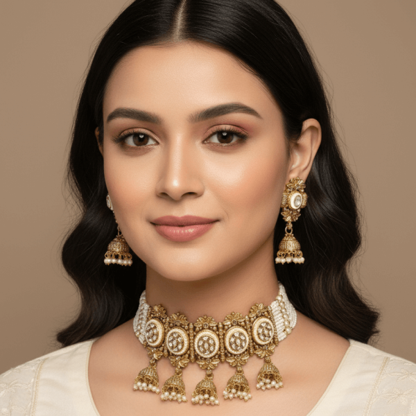 Timeless Treasure: Polki-Studded Gold Finish Necklace Set