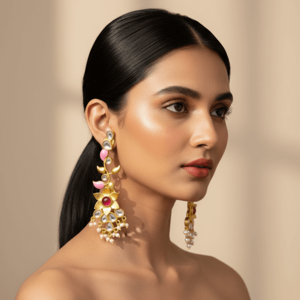 "Pink enamel floral kundan long drop earrings with pearl detailing and gold finish"