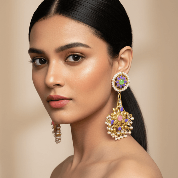 "Multicolor enamel kundan floral drop earrings with pearl detailing and gold finish"