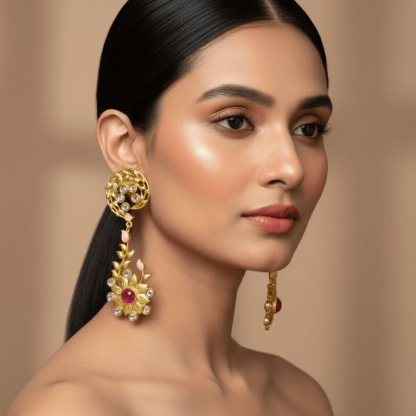 "Floral kundan long drop earrings with pink stone center and enamel detailing"