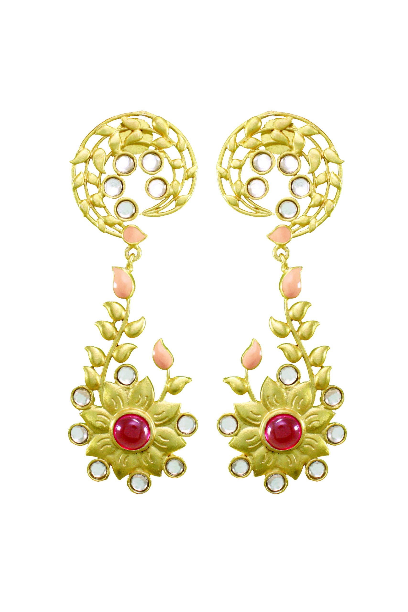Designer Floral Kundan Long Drop Earrings with Pink Stone & Enamel 2 Designer Floral Kundan Long Drop Earrings with Pink Stone & Enamel - Image 2