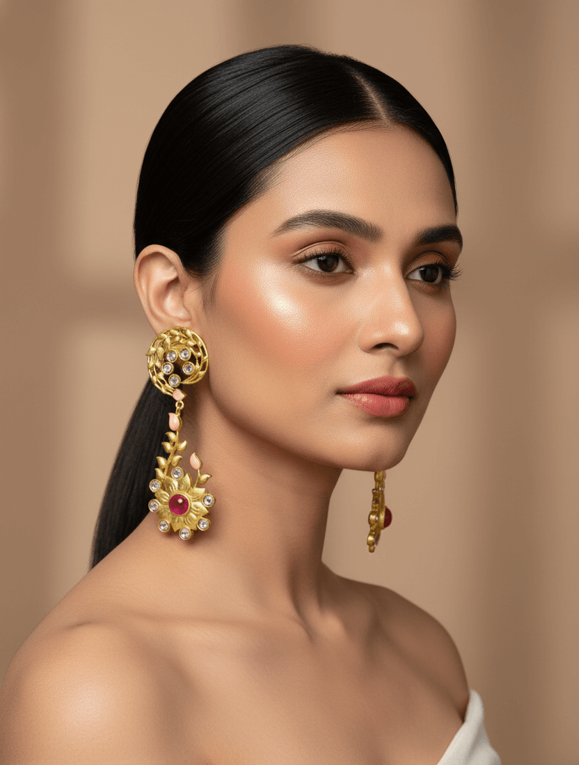 Designer Floral Kundan Long Drop Earrings with Pink Stone & Enamel 1 "Floral kundan long drop earrings with pink stone center and enamel detailing"