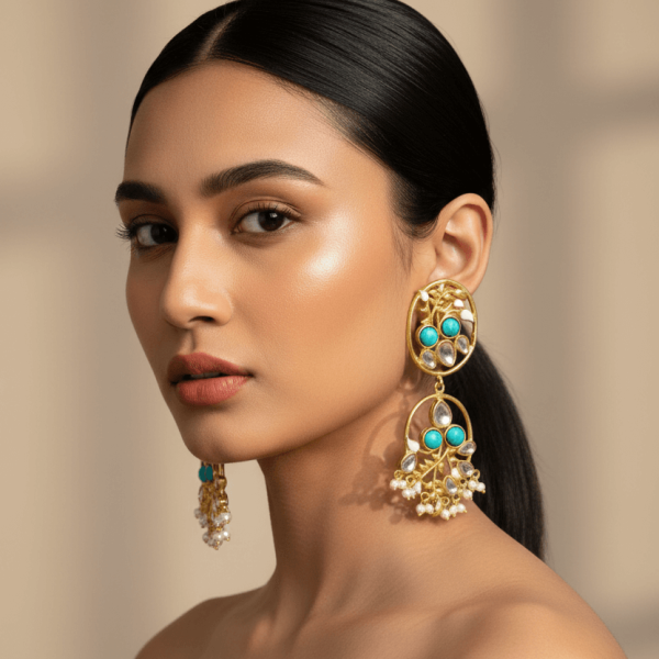 "Turquoise stone enamel kundan drop earrings with pearl detailing and gold finish"