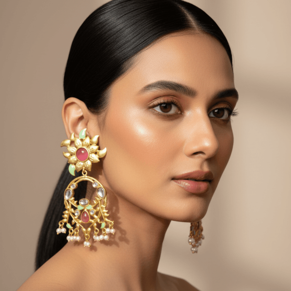 "Floral enamel kundan drop earrings with pink stone center and pearl drop detailing"