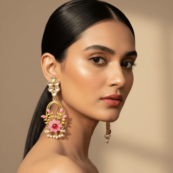 "Pink enamel floral kundan drop earrings with pearl accents and gold detailing"