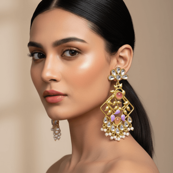 "Pastel enamel kundan drop earrings with multicolor stones and pearl drop detailing"