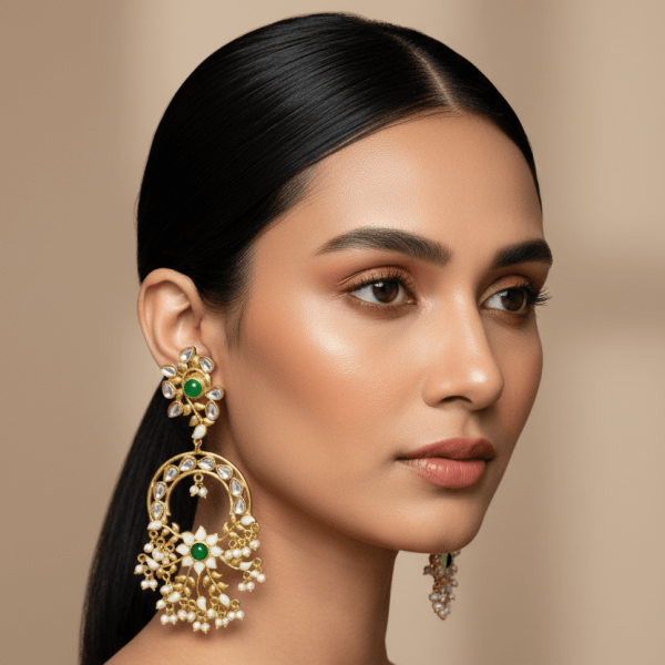 "Green stone enamel kundan chandbali earrings with pearl drop detailing and floral design"
