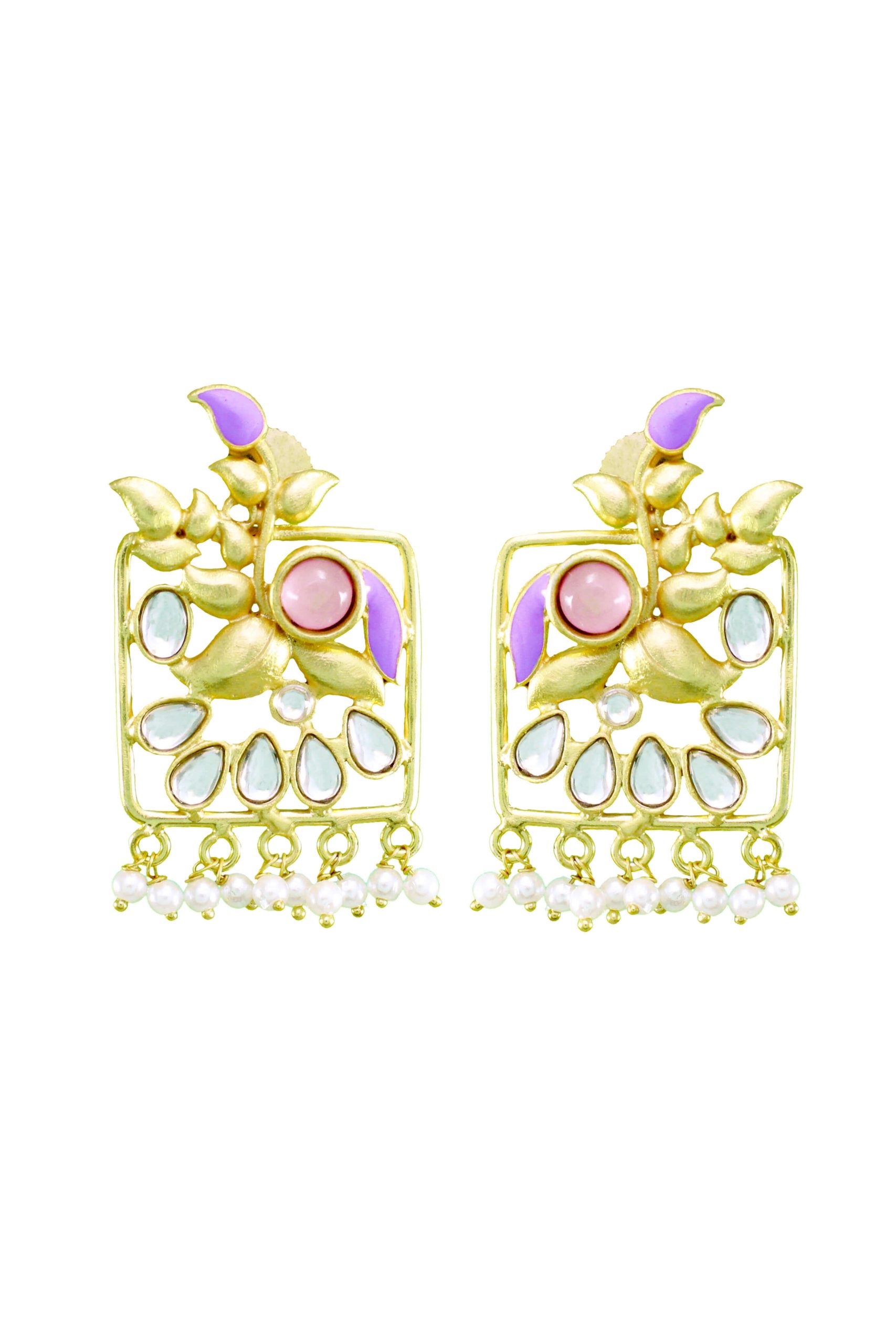 Designer Pastel Enamel Kundan Floral Square Earrings with Pearl Drops 2 Designer Pastel Enamel Kundan Floral Square Earrings with Pearl Drops - Image 2