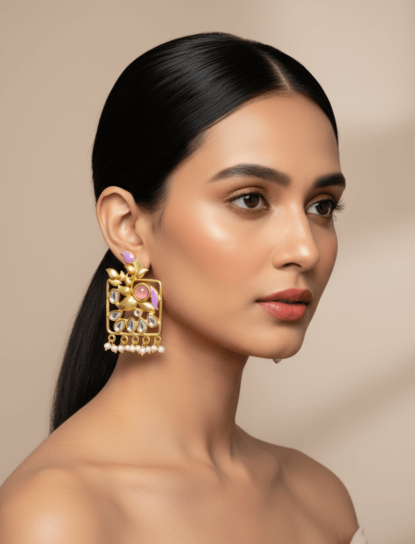 Designer Pastel Enamel Kundan Floral Square Earrings with Pearl Drops 1 "Pastel enamel kundan floral square earrings with pearl drop detailing in gold finish"