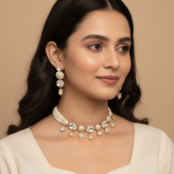 Timeless Treasure: Polki-Studded Gold Finish Necklace Set
