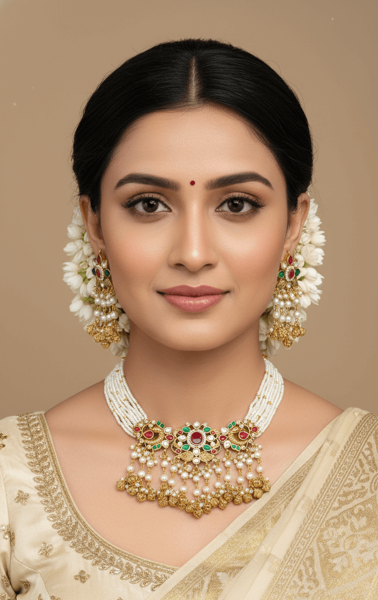 Belsi's Exquisite Kundan Jadau Necklace Set 1 Elegant handcrafted Kundan Jadau necklace set with pearls and coloured beads for a brides