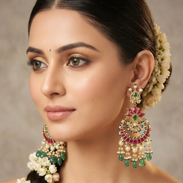 Woman wearing traditional Kundan chandbali earrings with green beads, pink stones, and pearl drops styled with jasmine flowers for a bridal look