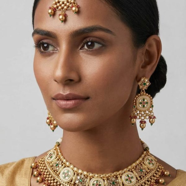 "Indian bridal gold kundan necklace set with maang tikka and earrings in traditional temple jewelry design"