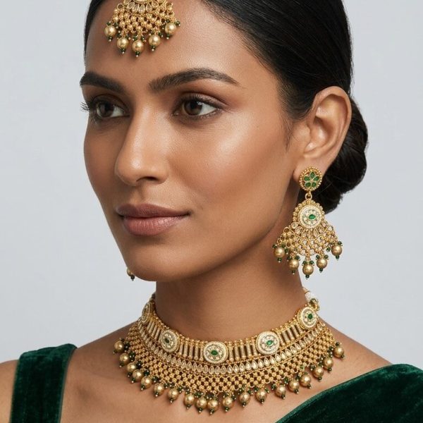 "Indian bridal gold kundan necklace set with maang tikka and earrings in traditional temple jewelry design"